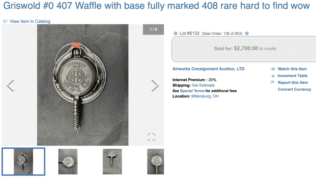 Vintage Griswold number 0 "toy" cast iron waffle iron with Alaskan wire handles and low base with bail handle, pattern numbers 406, 407, 408. Sold for $2,700.